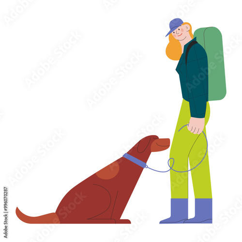 Cheerful female with dog on leash. Hiking outdoor adventure, active tourists, trekking and backpacking. Modern flat vector illustration.