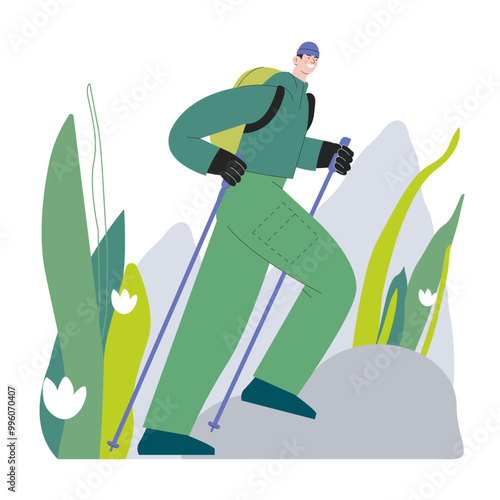 Cheerful male hiking with hiking poles on nature background. Hiking outdoor adventure, active tourist, trekking and backpacking. Vector illustration. 