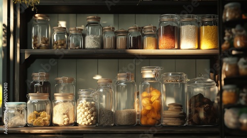 Vintage glass jars with preserved goods on a shelf