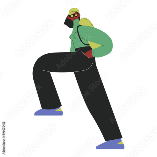 Cheerful female hiking. Hiking outdoor adventure, active tourist, trekking, backpacking. Modern flat vector illustration.