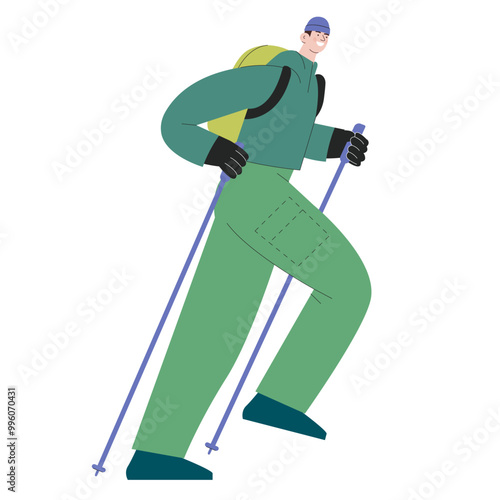 Cheerful male hiking with hiking poles on nature background. Hiking outdoor adventure, active tourist, trekking and backpacking. Vector illustration. 