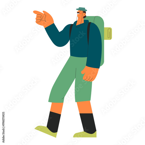 Cheerful male hiking and pointing on waterfall on nature background. Hiking outdoor adventure, active tourist, trekking and backpacking. Modern flat vector illustration. 