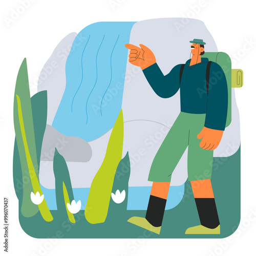 Cheerful male hiking and pointing on waterfall on nature background. Hiking outdoor adventure, active tourist, trekking and backpacking. Modern flat vector illustration. 