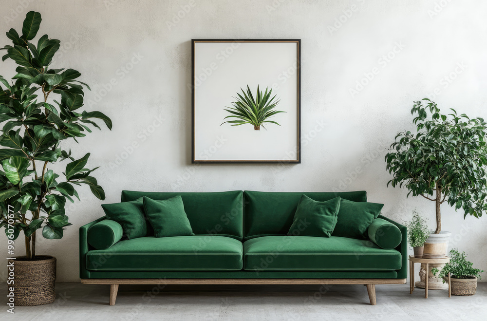 a cozy home interior with an emerald green sofa, a framed poster on the wall, and decorative plants in a minimalistic living room design a cozy home interior with an emerald green sofa, a framed poster on the wall, and decorative plants in a minimalistic living room design