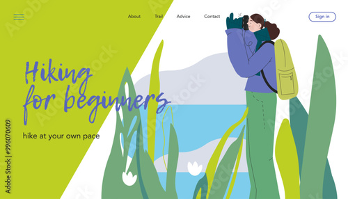 Cheerful female hiking and taking a picture on nature background. Hiking outdoor adventure, tourist, trekking and backpacking. Vector illustration. Hiking for beginners. Landing page, website banner.