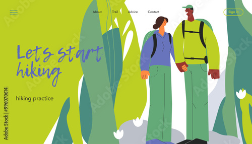 Cheerful couple of male and female holding their hands on nature background. Hiking active tourists, trekking and backpacking. Vector illustration. Landing page, website banner template.