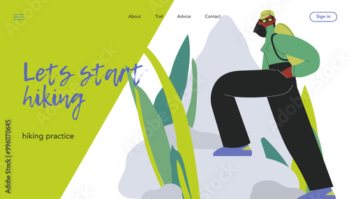 Cheerful female hiking on nature background. Hiking outdoor adventure, active tourist, trekking, backpacking. Modern flat vector illustration. Let's start hiking. Landing page, website banner template