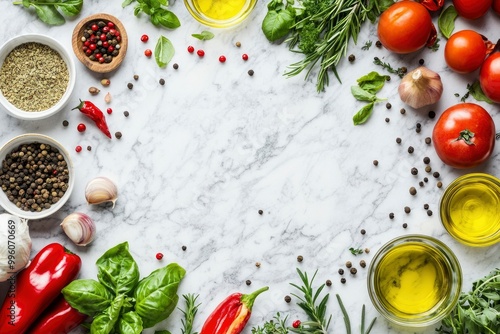 Healthy food cooking ingredients background with fresh vegetables, herbs, spices and olive oil on marble table with copy space top view with generative ai