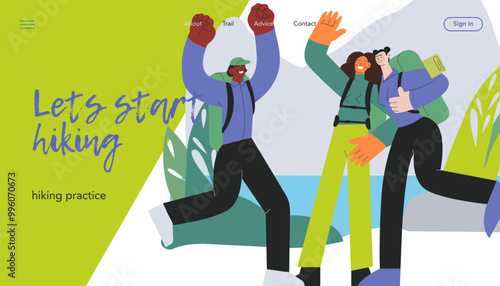 Cheerful group of people jump, male, females perform on nature background. Hiking outdoor adventure, active tourists, trekking and backpacking. Vector illustration. Let's start hiking. Website banner.