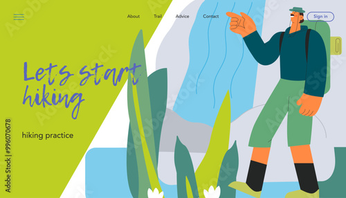 Cheerful male hiking and pointing on waterfall on nature background. Hiking outdoor adventure, active tourist, trekking, backpacking. Vector illustration. Let's start hiking. Website banner template.