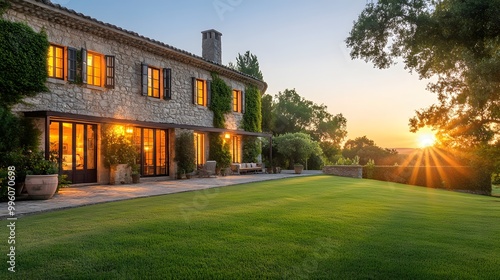 Bright morning light on a rustic stone mansion with dew-kissed lawn and illuminated windows, highlighting architectural beauty in a picturesque countryside estate.