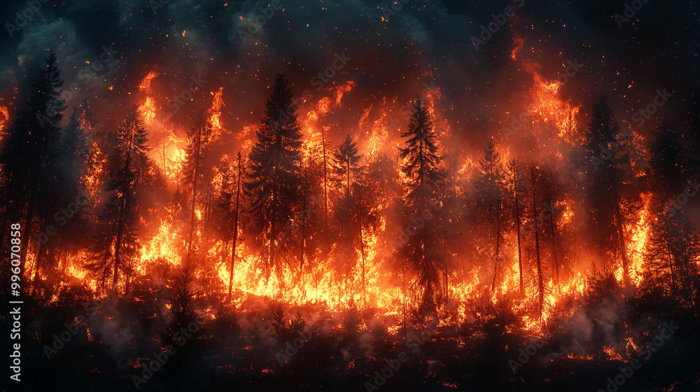 Burning forest in the woods, with thick smoke and flames engulfing the trees. Natural disaster. Burning forest in the woods, with thick smoke and flames engulfing the trees. Natural disaster.