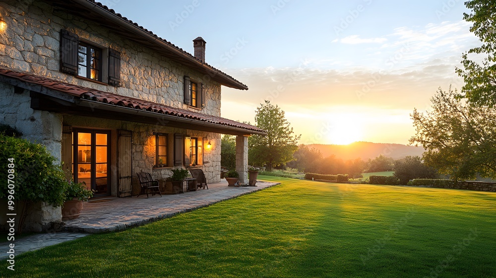 Obraz premium Bright morning light on a rustic stone mansion with dew-kissed lawn and illuminated windows, highlighting architectural beauty in a picturesque countryside estate.