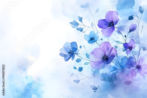 Abstract watercolor painting with blue and purple flowers on a background. 