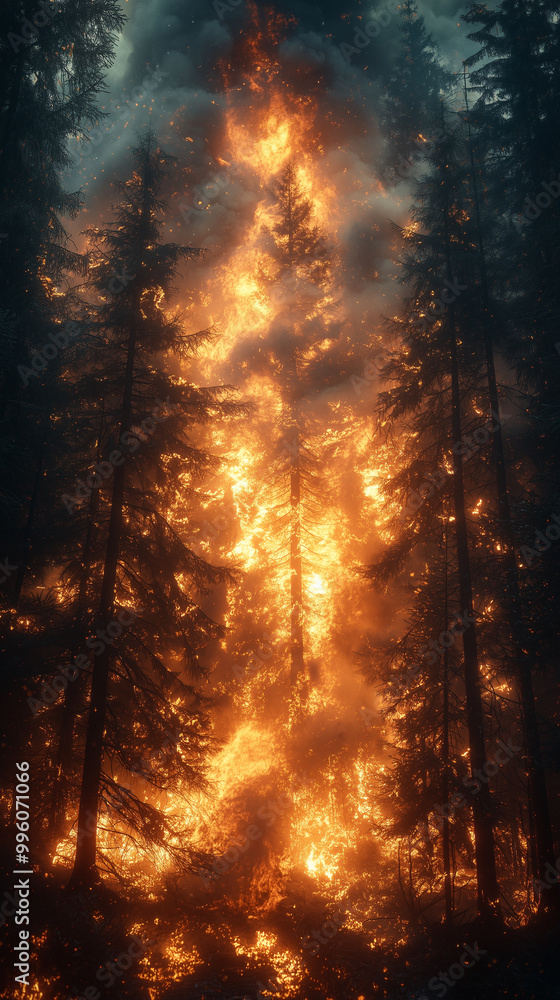 Burning forest in the woods, with thick smoke and flames engulfing the trees. Natural disaster. Burning forest in the woods, with thick smoke and flames engulfing the trees. Natural disaster.