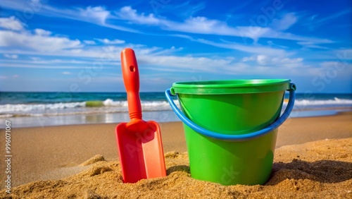 Red shovel and a green bucket are standing on a beach with the ocean in the background