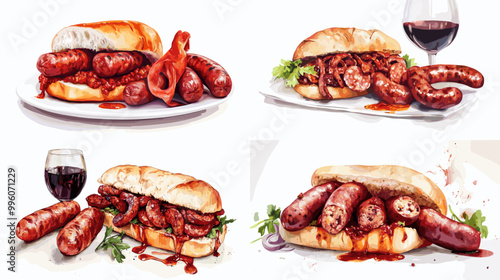 A series of four images of hot dogs with different toppings and sauces. The first image has a red sauce and a bun, the second has a mustard and ketchup, the third has a relish and onions