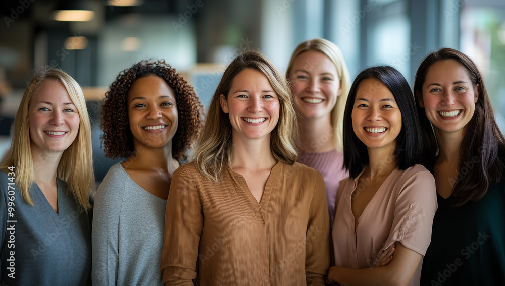 A portrait of multiethnic business women standing together, smiling and looking at the camera in an office A portrait of multiethnic business women standing together, smiling and looking at the camera in an office