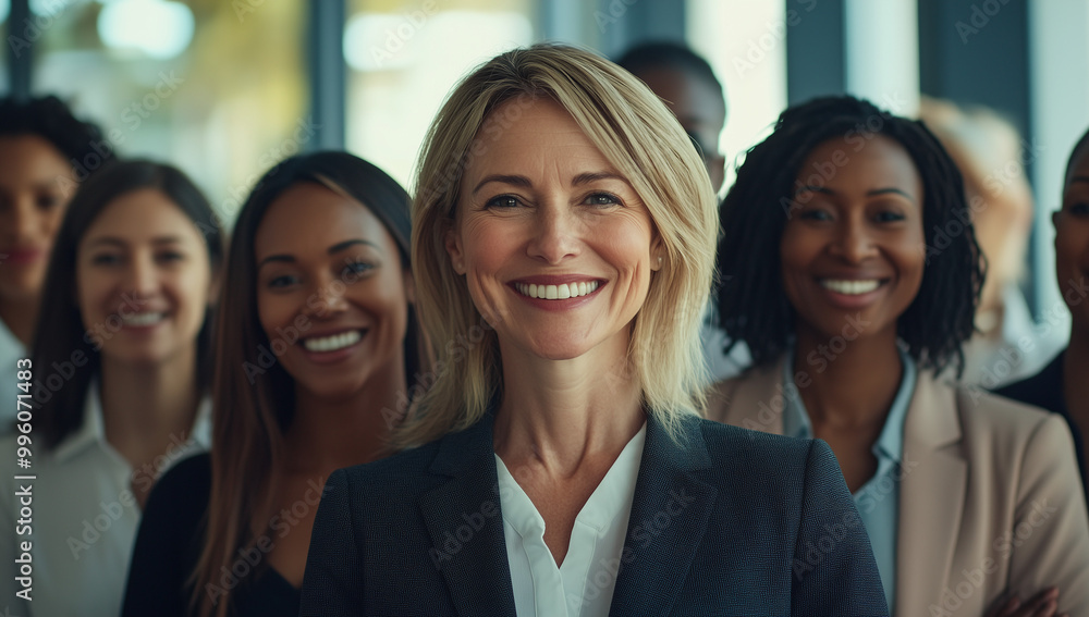 Obraz premium A professional portrait of women from various ethnic backgrounds standing together, smiling and facing the camera in an office space