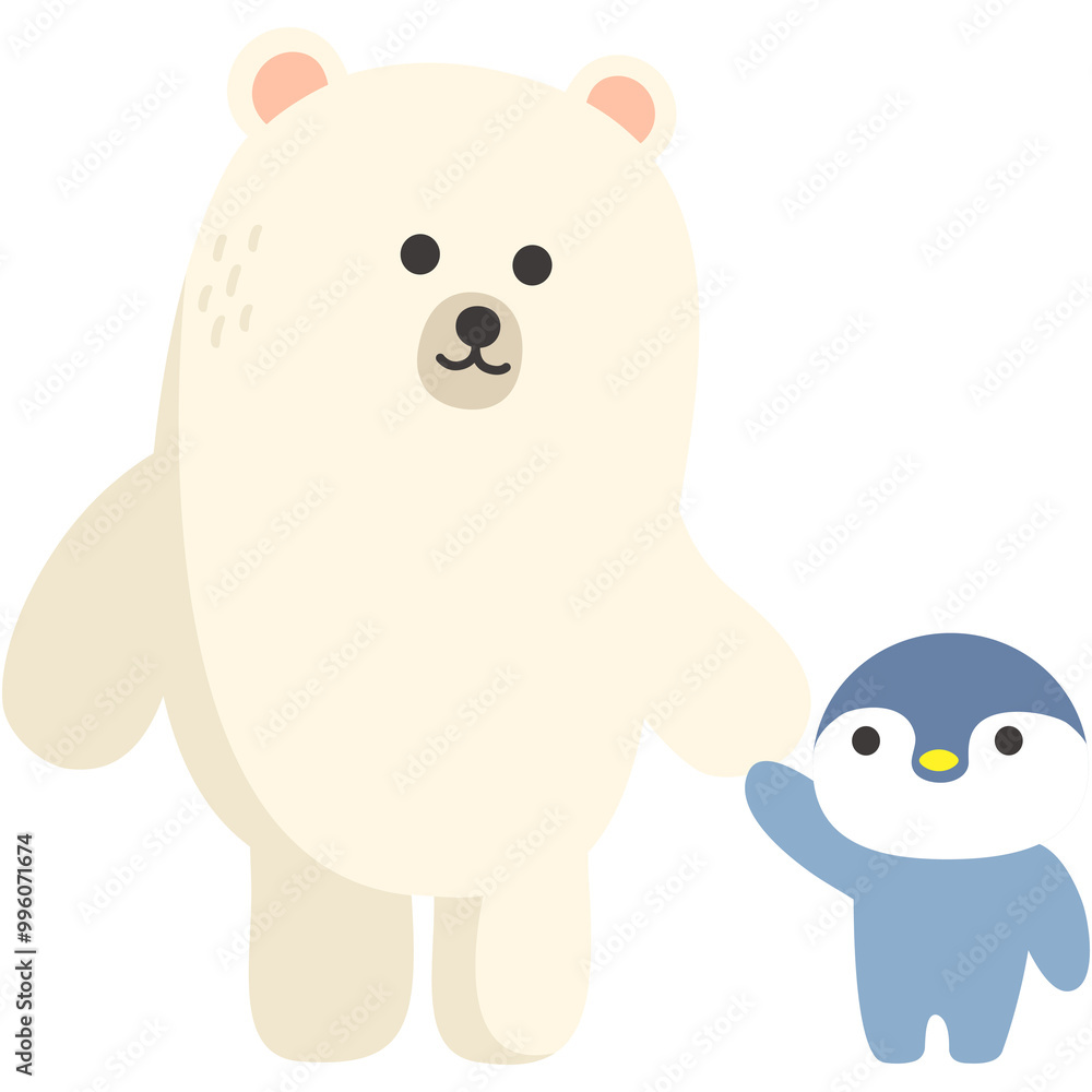 A polar bear and a penguin chick are holding hands. A polar bear and a penguin chick are holding hands.