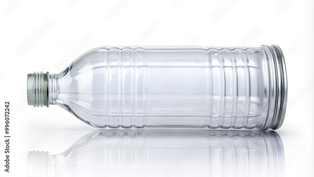 Empty plastic water bottle is lying on its side on a white background Empty plastic water bottle is lying on its side on a white background