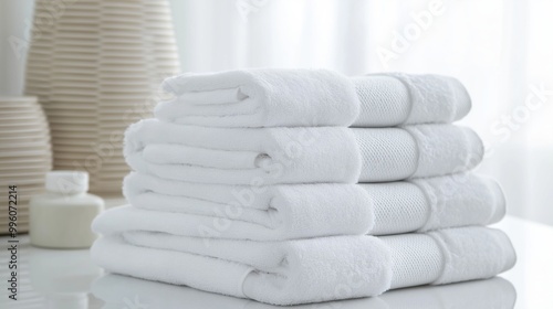 Stack of neatly folded white towels in clean setting