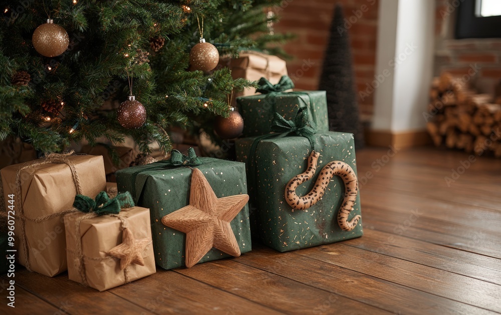 A set of beautifully wrapped gifts under a Christmas tree. A set of beautifully wrapped gifts under a Christmas tree.