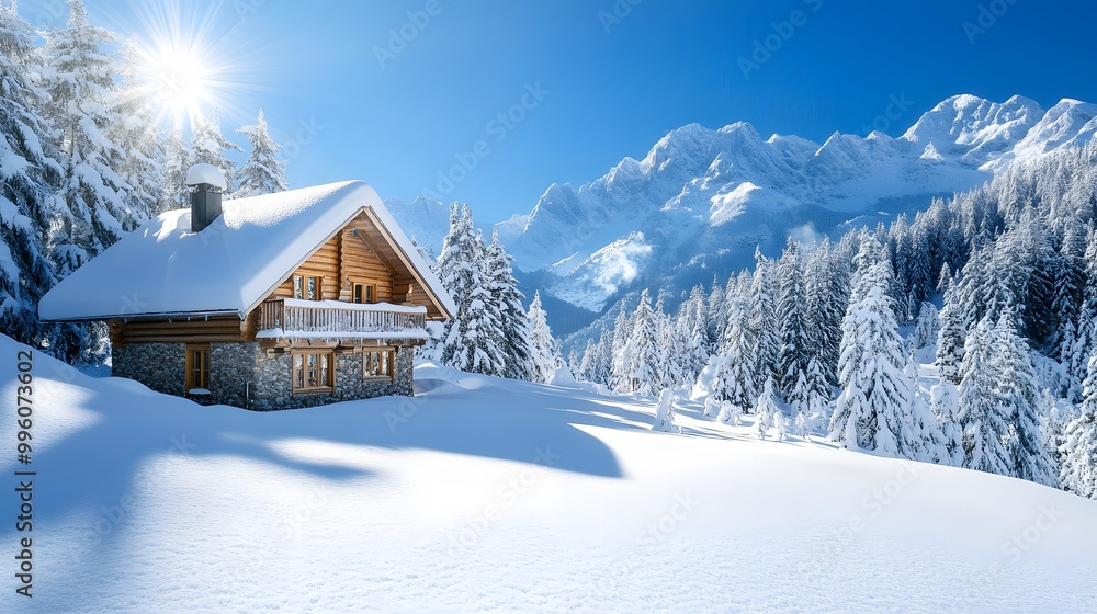 Bright winter landscape with sunlit snow-covered chalet and evergreen forest, creating a picturesque ski resort scene with rustic wooden architecture and winter wonderland. Bright winter landscape with sunlit snow-covered chalet and evergreen forest, creating a picturesque ski resort scene with rustic wooden architecture and winter wonderland.