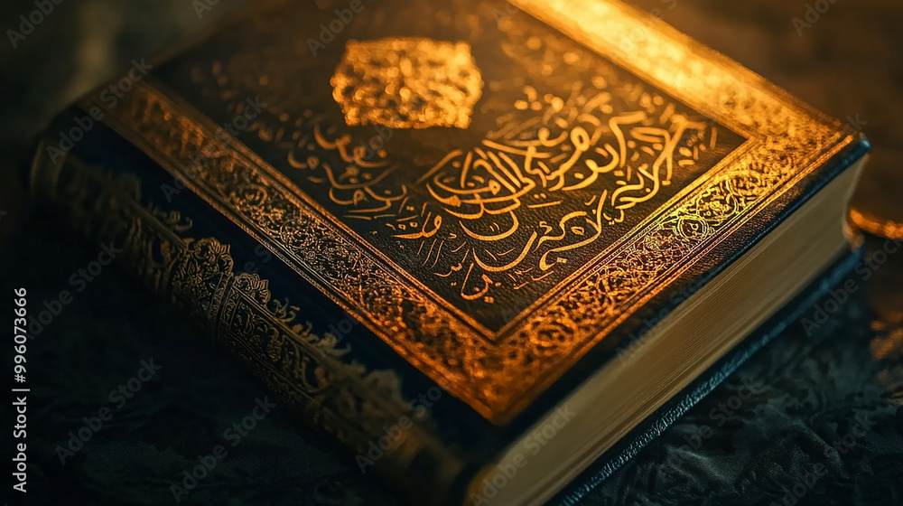 Fototapeta premium A close-up of a Quran with intricate gold designs on its cover.