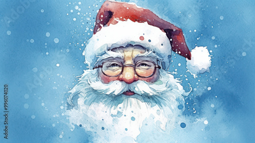 Watercolor of Santa Claus face on a blue background