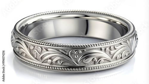 Platinum wedding band ring with floral design reflecting on a white background