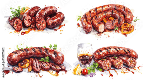 A set of four images of different types of sausages, with a glass of wine in the bottom right