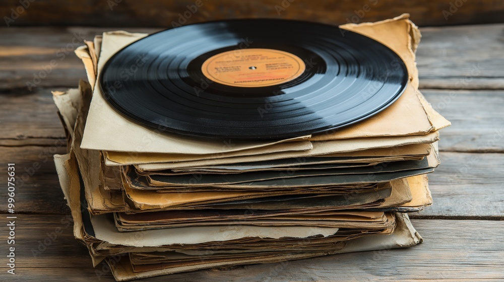 Fototapeta premium Stack of vintage vinyl records on wooden table