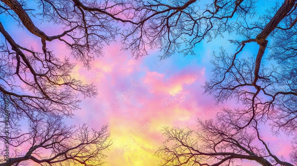 Colorful sky view framed by bare branches during sunset, beautiful gradient of colors illuminating the clouds. Colorful sky view framed by bare branches during sunset, beautiful gradient of colors illuminating the clouds.