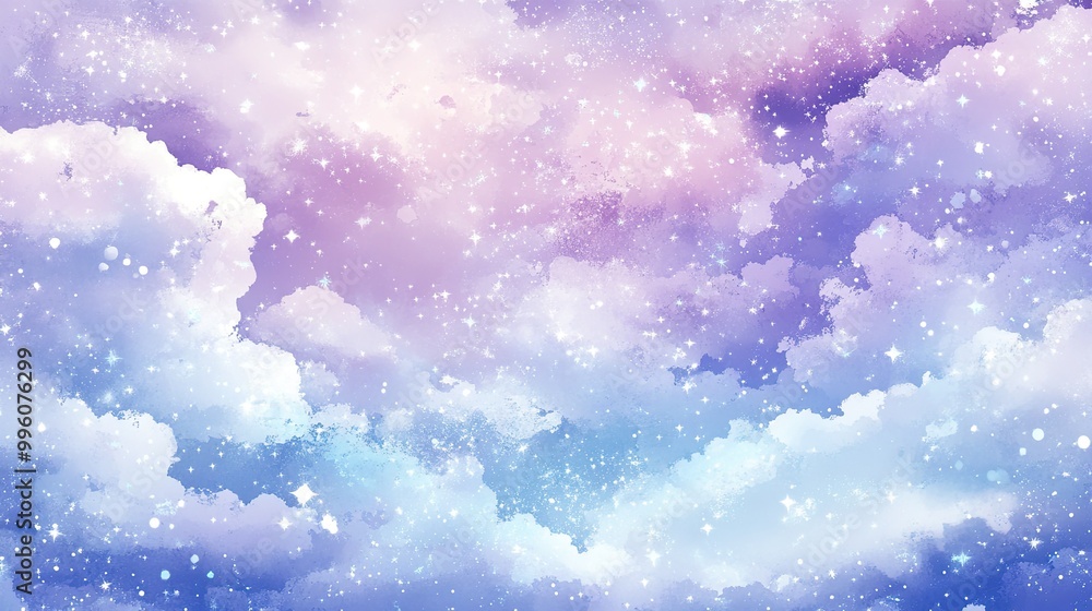 The sky is decorated with soft pastel clouds in shades of pink and blue, as well as twinkling stars, a magical evening atmosphere The sky is decorated with soft pastel clouds in shades of pink and blue, as well as twinkling stars, a magical evening atmosphere