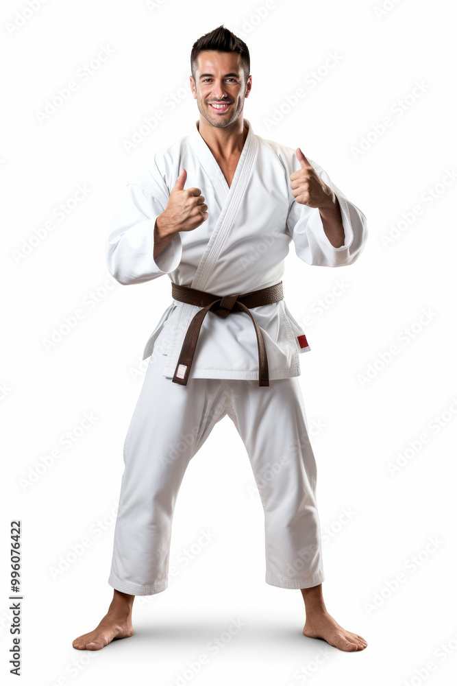 Friendly male martial artist in karate uniform giving thumbs up Friendly male martial artist in karate uniform giving thumbs up