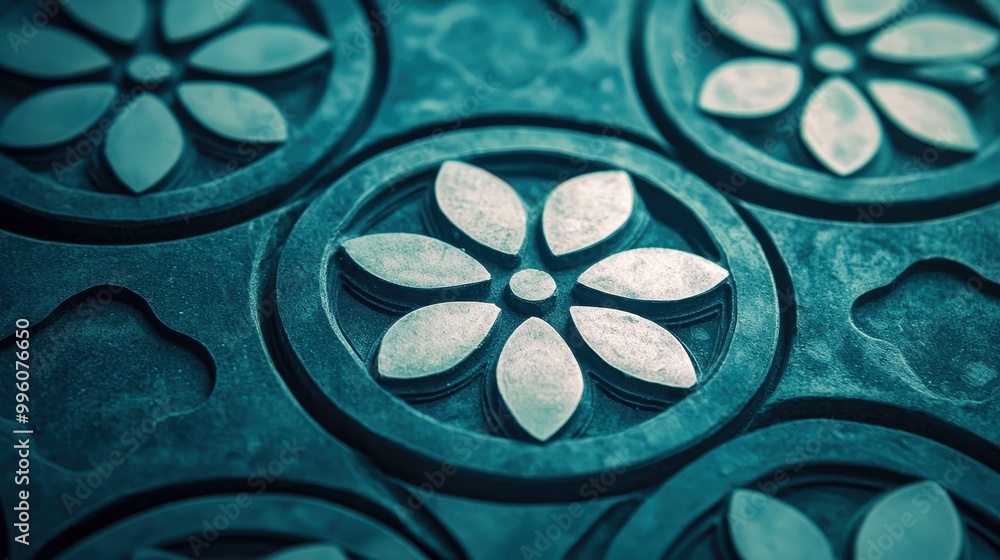 close-up of a decorative pattern with a flower shape. It has a metallic texture with smooth petals arranged in a circle close-up of a decorative pattern with a flower shape. It has a metallic texture with smooth petals arranged in a circle