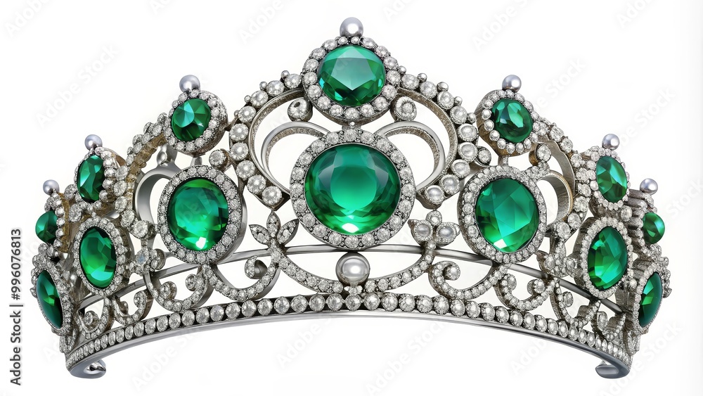 Beautiful emerald and diamond tiara sparkling on white background Beautiful emerald and diamond tiara sparkling on white background
