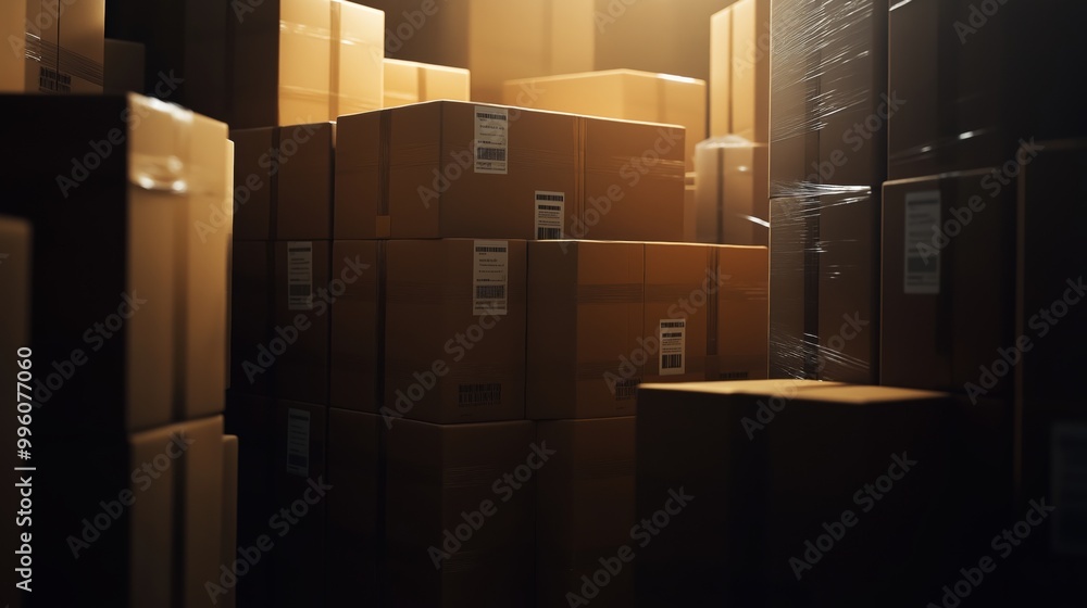 Stacked shipping boxes in dimly lit warehouse Stacked shipping boxes in dimly lit warehouse