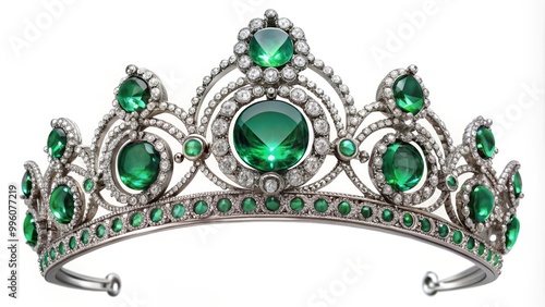 Beautiful emerald and diamond tiara sparkling on white background