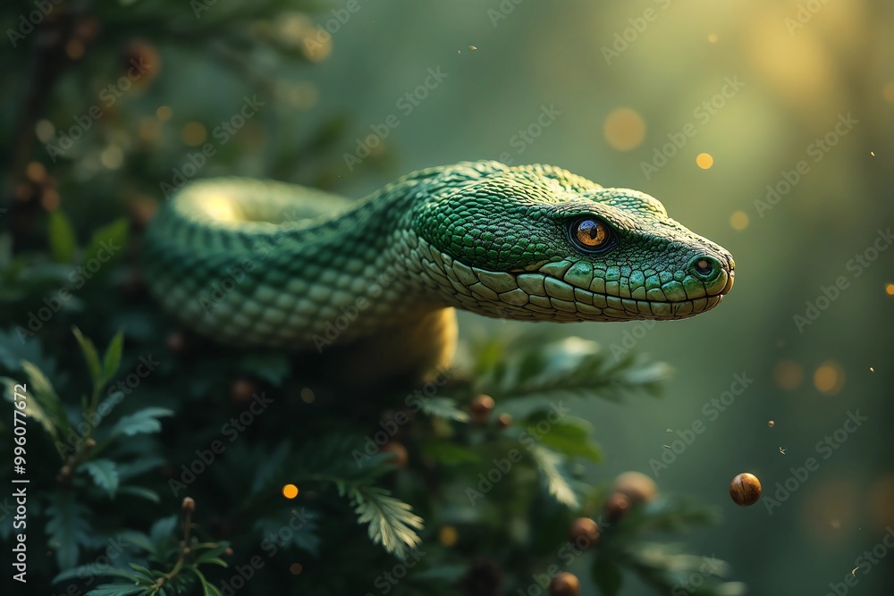 Green snake looking alert on foliage with sunlight bokeh background