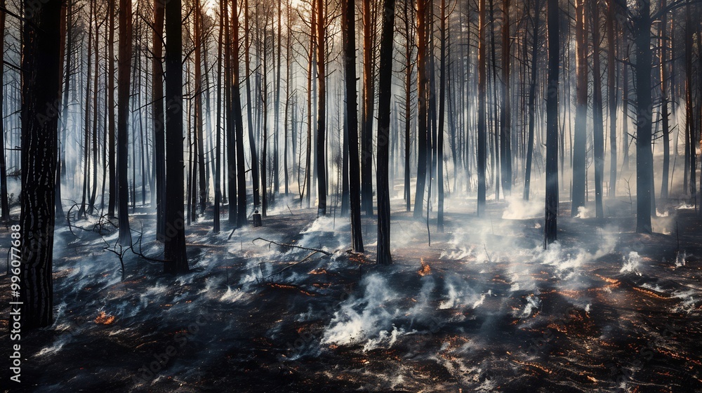 Fototapeta premium Forest ravaged by wildfires with blackened trees and smoky skies showing the severe fires caused by climate change