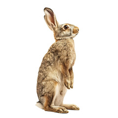 Wild rabbit standing on its hind legs, listening intently with ears raised