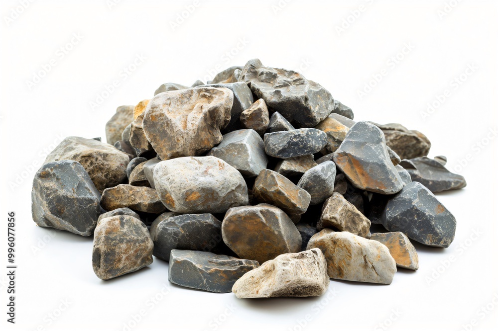 Group of gray and brown gravel rocks is piled up and creating a small mound on a white background Group of gray and brown gravel rocks is piled up and creating a small mound on a white background