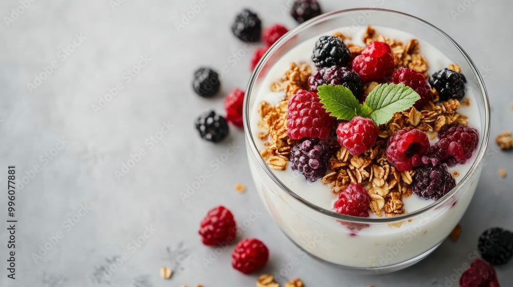 Homemade granola with milk, fresh berries, milk for breakfast. Copy space. Healthy breakfast concept. Banner wth generative ai Homemade granola with milk, fresh berries, milk for breakfast. Copy space. Healthy breakfast concept. Banner wth generative ai