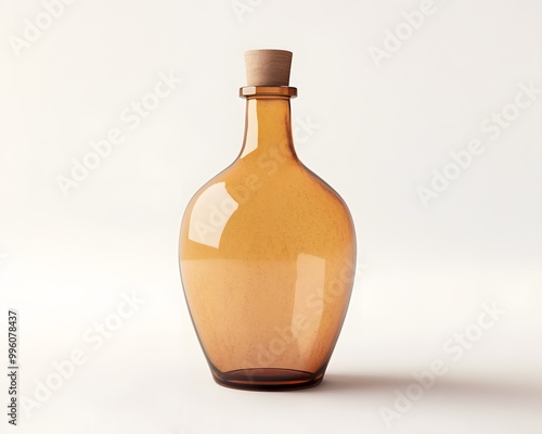 Elegant amber glass bottle with a wooden cork, perfect for home decor or showcasing unique collections.