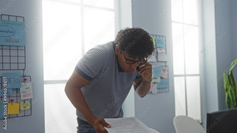Young man in an office looking frustrated while on a phone call, holding a clipboard with idea boards in the background. Young man in an office looking frustrated while on a phone call, holding a clipboard with idea boards in the background.