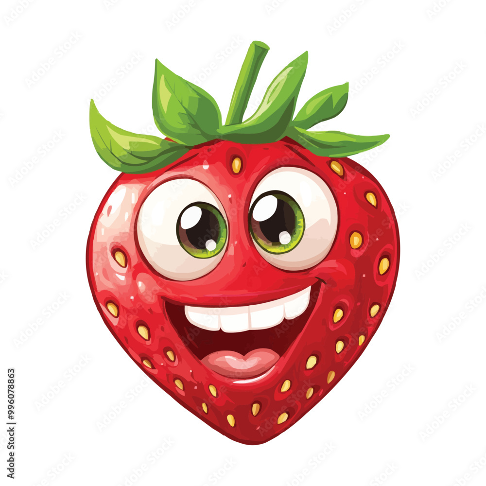 Obraz premium Vector Cartoon smiling strawberry with eyes and mouth with cute and happy face