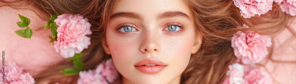 Radiant Beauty Portrait Youthful, Smooth Skin, Glamorous Charm, and Classic Grace Surrounded by Delicate Pink Flowers Radiant Beauty Portrait Youthful, Smooth Skin, Glamorous Charm, and Classic Grace Surrounded by Delicate Pink Flowers