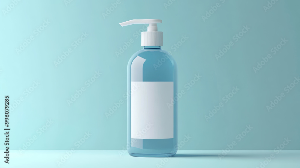 clear blue hand sanitizer bottle with pump dispenser sits against soft blue background, featuring customizable label for branding or personal use clear blue hand sanitizer bottle with pump dispenser sits against soft blue background, featuring customizable label for branding or personal use